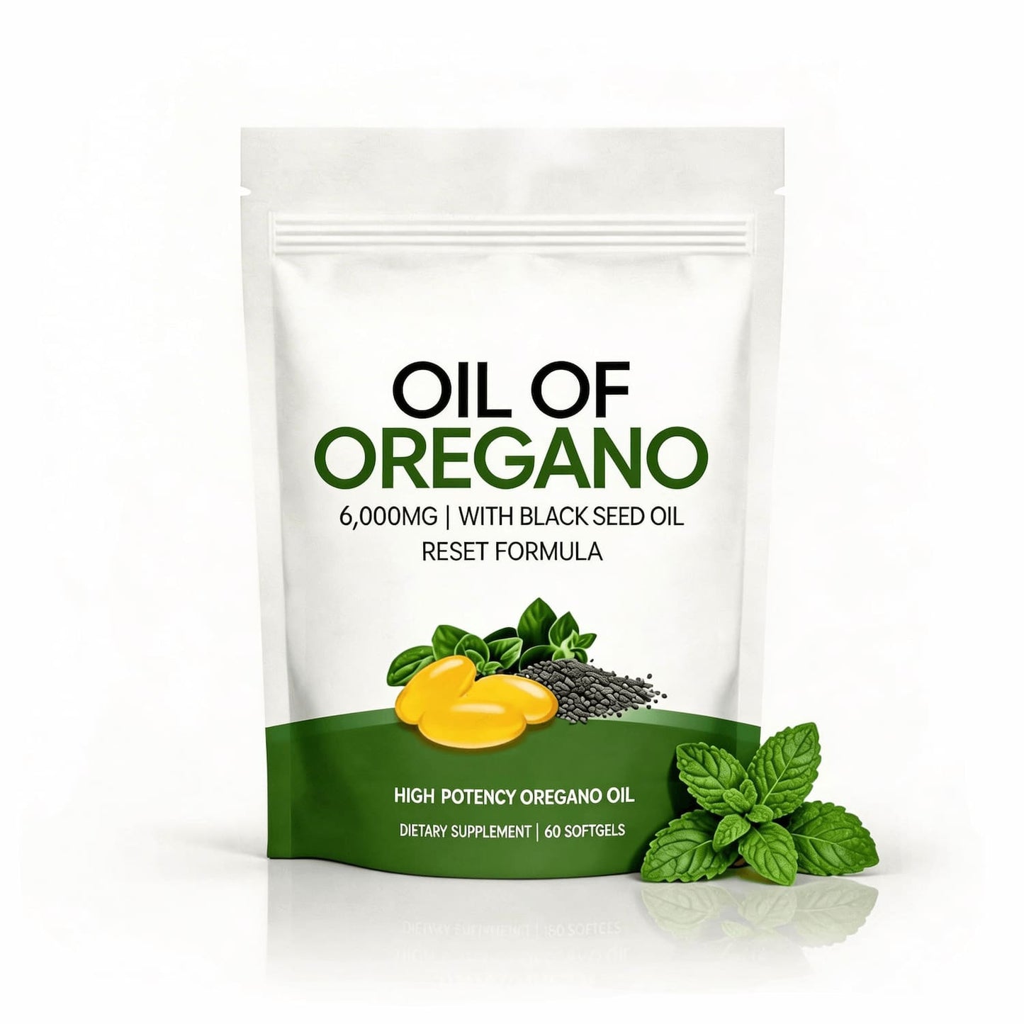 Package of Oil of Oregano dietary supplement with green and white design.