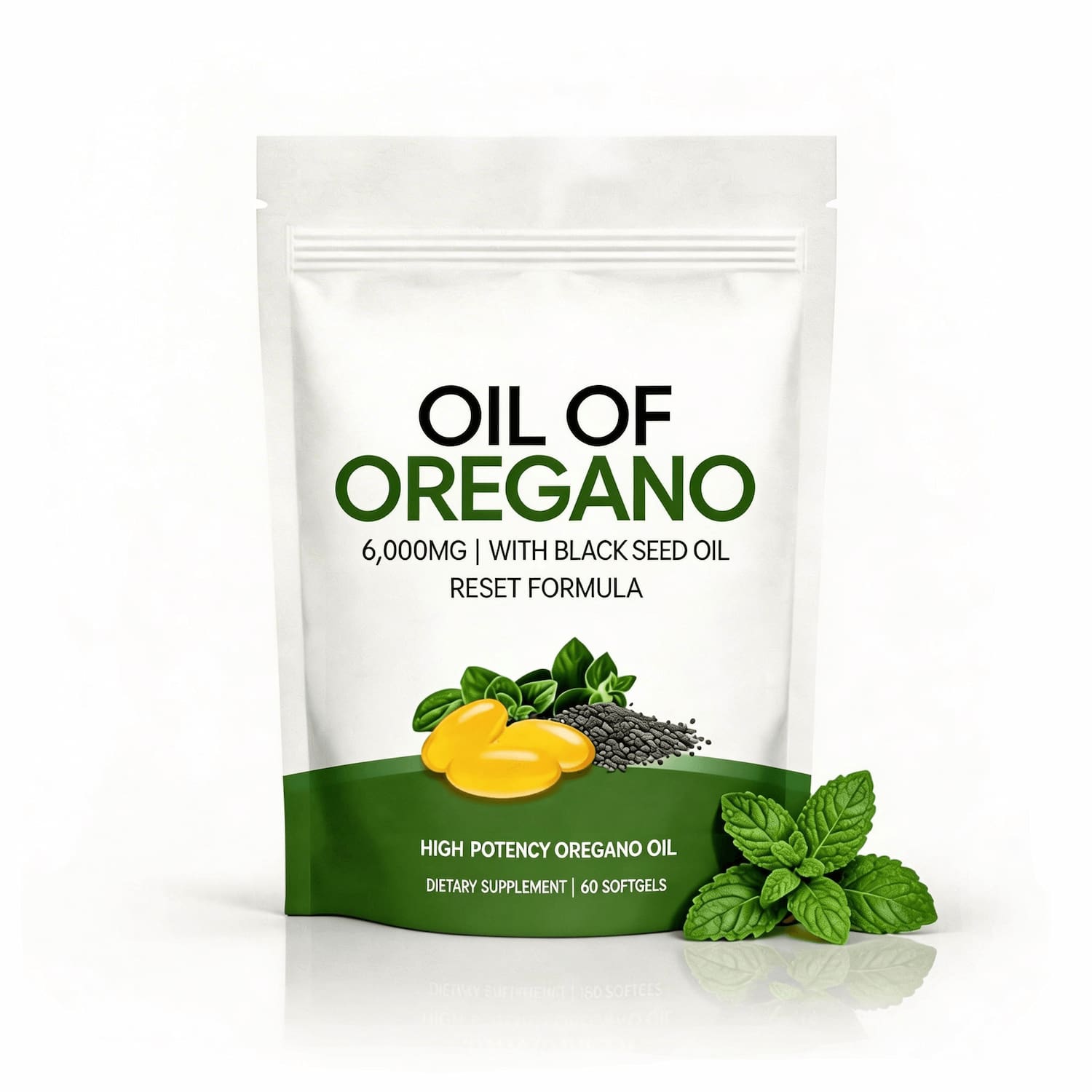 Package of Oil of Oregano dietary supplement with green and white design.